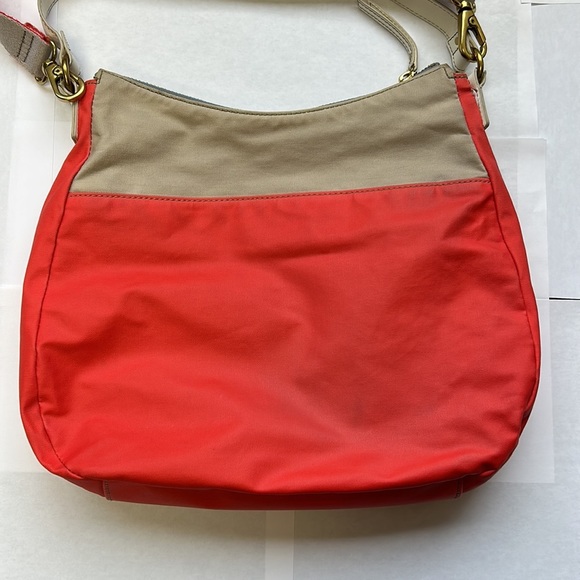 Fossil hobo shoulder and crossbody orange and tan textile bag 3 zipper closures - Picture 8 of 16